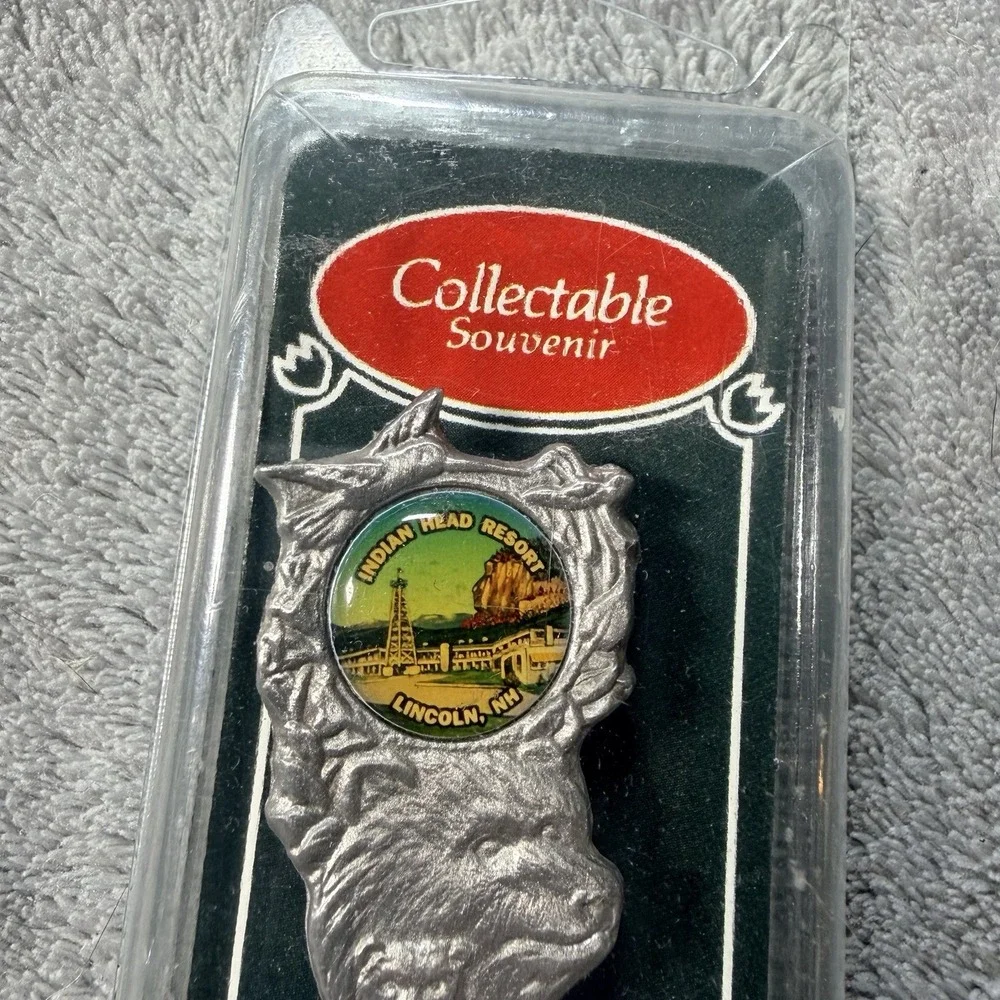 Pewter Indian Head Resort Lincoln, NH Souvenir Spoon, Bear Head Moose
